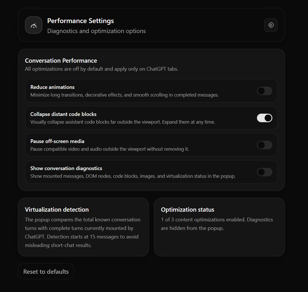 FasterGPT performance settings page with content optimization toggles